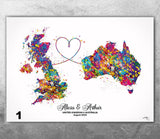 Personalised Map Print Watercolor Print Any Two Maps Moving Abroad Present Distance Gifts Country to Country Customized Wall Art-2634