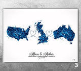 Personalised Map Print Watercolor Print Any Three Maps Moving Abroad Present Distance Gifts Country to Country Customized Wall Art-2945