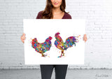 Chicken and Rooster Couple Watercolor Print Housewarming Gift Mr & Mrs Nursery Animal Decor Farm Animal Family Gift Farm Country House-1695