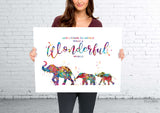 Elephants Family Watercolor Print Mom and Two Baby What a Wonderful World Quote Wedding Gift Wall Art Anniversary Wall Art Baby Shower-1856