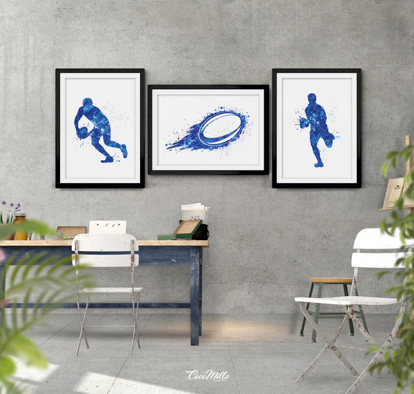Rugby Player Set of 3 Watercolor Print Rugby Player Man Boy Sports Fan Gift Nursery Dorm Room Rugby Ball Poster Wall Art Wall Decor-1529