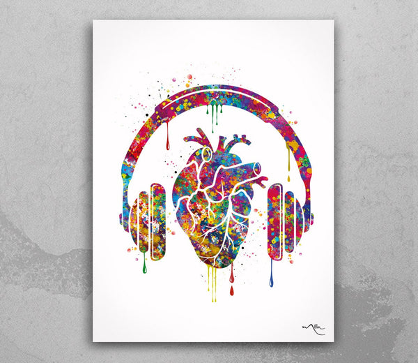 Heart with Headphone Watercolor Print Music Love Heart Anatomy Music Room Listen to your Heart Singer DJ Party Geek Nerd Wall Art Decor-133