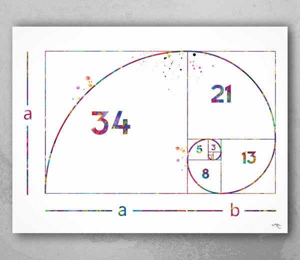 Fibonacci Spiral Watercolor Print Fibonacci Sequence Numbers Golden Spiral Geometric Art Golden Ratio Science Art Dorm Wall Mathematics-1041