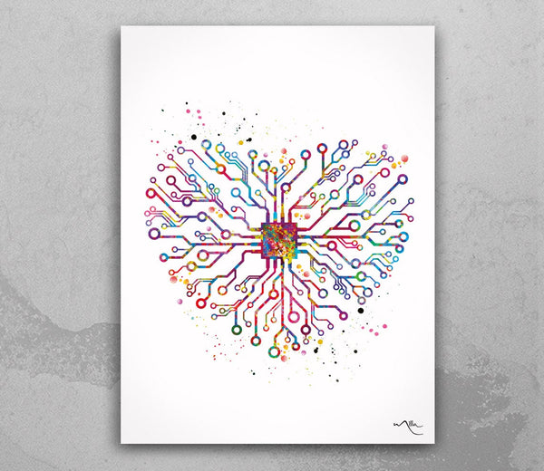 Circuit Board Heart Watercolor Print Science Art Computer Art Motherboard Computer Technology Anatomy Science Poster Nerd Gift Wall Art-1720