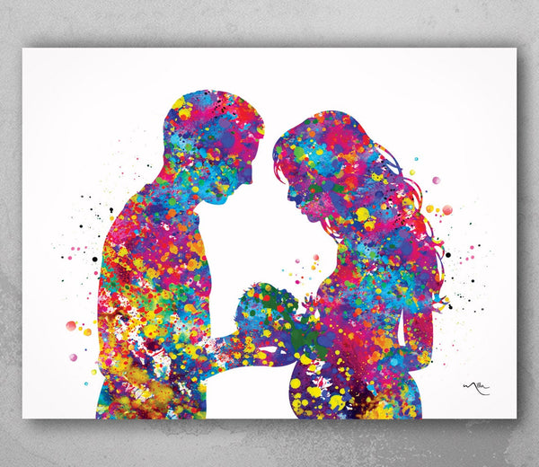 Father and Pregnant Mother with Baby Watercolor Print New Mom and Father Parents Love Gift Wall Art Family Wedding Gift Art Home Decor-1665