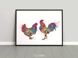 Chicken and Rooster Couple Watercolor Print Housewarming Gift Mr & Mrs Nursery Animal Decor Farm Animal Family Gift Farm Country House-1695