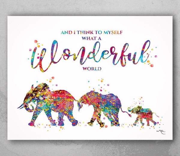 Elephants Family with one Babies What a Wonderful World Quote Watercolor Print Wedding Gift Wall Art Anniversary Wall Art Baby Shower-1818
