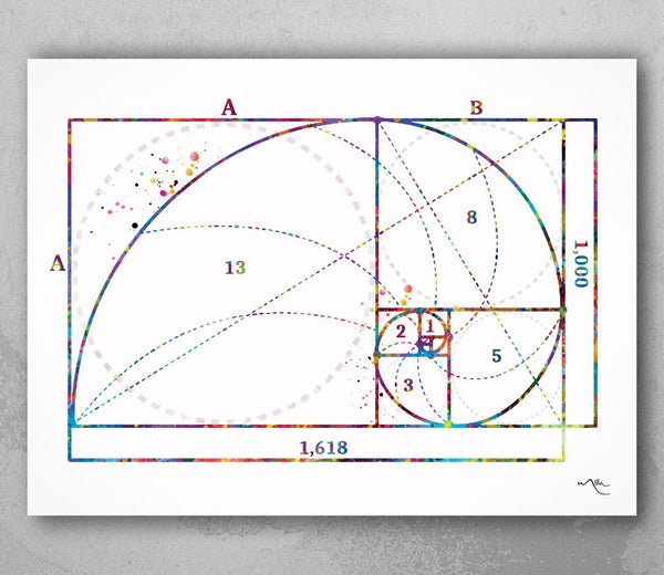 Fibonacci Spiral Watercolor Print Fibonacci Sequence Numbers Golden Spiral Geometric Art Golden Ratio Science Art Dorm Wall Mathematics-1775