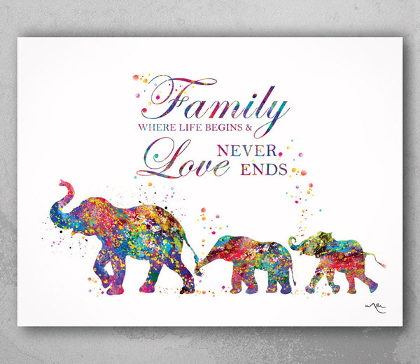 Elephant Family Watercolor Print Mother and Two Babies Kids Family Quote  Family Gift Wall Art Christmas Gift Childrens Nursery Decor-1845