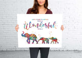 Elephants Family Watercolor Print Mom and Two Baby What a Wonderful World Quote Wedding Gift Wall Art Anniversary Wall Art Baby Shower-1856