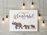 Elephants Family Watercolor Print Mom and Two Baby What a Wonderful World Quote Wedding Gift Wall Art Anniversary Wall Art Baby Shower-1856