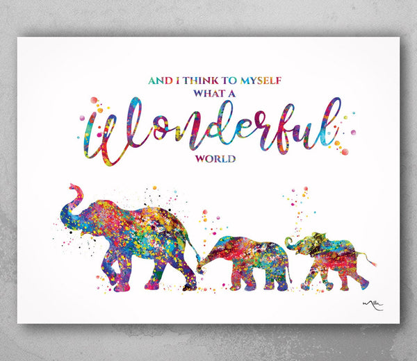 Elephants Family Watercolor Print Mom and Two Baby What a Wonderful World Quote Wedding Gift Wall Art Anniversary Wall Art Baby Shower-1856