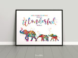 Elephants Family Watercolor Print Mom and Two Baby What a Wonderful World Quote Wedding Gift Wall Art Anniversary Wall Art Baby Shower-1856