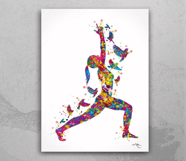 Warrior I Yoga Art Birds Watercolor Print Virabhadrasana I Yoga Print Yoga Yoga Pose Yogi Yoga Studio Yoga Wall Decor Yoga Wall Art-1934