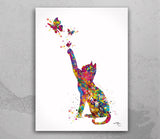 Cat and Butterflys Watercolor Print Cat Lover Wall Art Home Decor Kitty Cat Painting Kitten Housewarming Cat Butterflies Wall Hanging-1613