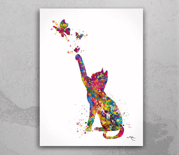 Cat and Butterflys Watercolor Print Cat Lover Wall Art Home Decor Kitty Cat Painting Kitten Housewarming Cat Butterflies Wall Hanging-1613