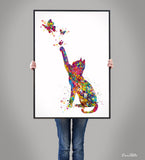 Cat and Butterflys Watercolor Print Cat Lover Wall Art Home Decor Kitty Cat Painting Kitten Housewarming Cat Butterflies Wall Hanging-1613