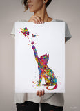 Cat and Butterflys Watercolor Print Cat Lover Wall Art Home Decor Kitty Cat Painting Kitten Housewarming Cat Butterflies Wall Hanging-1613