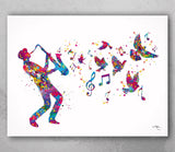 Jazz Man Music Notes and Birds Watercolor Print Musician Wall Art Poster Music Studio Saxophonist Saxophone Wall Decor Sax Wall Hanging-1939