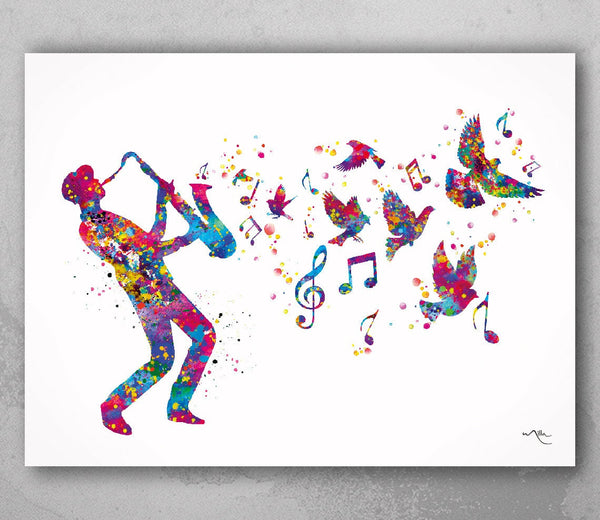 Jazz Man Music Notes and Birds Watercolor Print Musician Wall Art Poster Music Studio Saxophonist Saxophone Wall Decor Sax Wall Hanging-1939