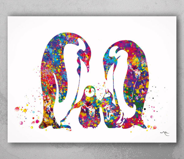 Penguin Family Two Baby Watercolor Art Print Wedding Gift Love Nursery Wall Decor Art Newborn Twin Baby Twins Baby Shower Gift  Wall Art-481