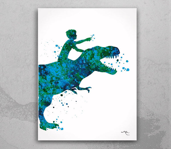 Dinosaur Rider Boy Watercolor Print Little Boy and T-Rex Art Gift Birthday Party Boys Room Decor Wall Art Nursery Decor Wall Hanging-1941