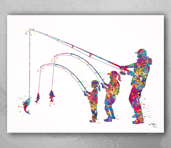 Father and  Daughters Fishing Art Watercolor Print Fishing Kids Father Day Fishing Art Wall Art Dad and Kids Home Decor Nursery Decor-1967
