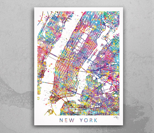 New York City Street Map Watercolor Print United States Wall Housewarming Gift Office Decor Map Wall Decor Art Home Decor Wall Hanging-578