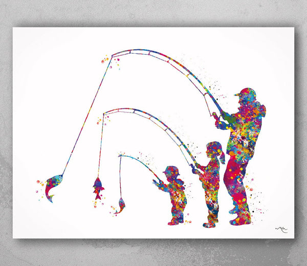 Father Daughter and Baby Fishing Watercolor Print Fishing Kids Father Day Fishing Art Wall Art Dad and Kids Home Decor Nursery Decor-1966