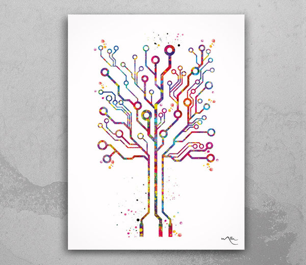 Circuit Board Tree Art Watercolor Print Science Art Computer Modern Art Electronic Motherboard Engineer Technology Office Wall Hanging-1978