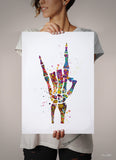 Rock And Roll Skeleton Hand Watercolor Print Music Wall Art Poster Geek Party Rock Hand Sign Rocknroll Wall Art Home Decor Wall Hanging-1243