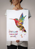 Hummingbird Quote Watercolor Print Petit a petit l'oiseau fait son nid French proverb saying bird nest Housewarming Gift Typo Wall Art-2013