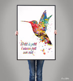 Hummingbird Quote Watercolor Print Petit a petit l'oiseau fait son nid French proverb saying bird nest Housewarming Gift Typo Wall Art-2013