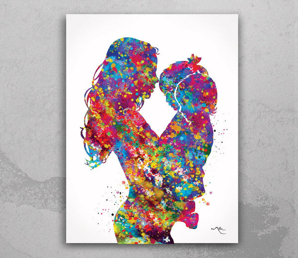 Mother with Daughter and Son Watercolor Print Mother with Baby Mom and Childrens Mum and Kids Girl Baby Shower Nursery Decor Mum Gift-2017