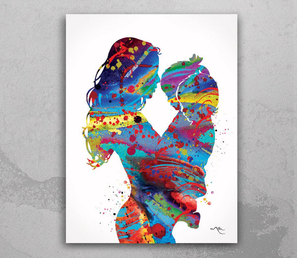 Mother with Daughter and Son Watercolor Print Mother with Baby Mom and Childrens Mum and Kids Girl Baby Shower Nursery Decor Mum Gift-2018