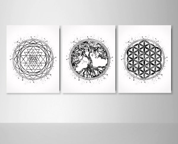 Sacred Geometry Wall Art Watercolor Print Set Modern Home Decor Sri Yantra Flower of  Life Tree of Life Housewarming Gift Wall Hanging-1992