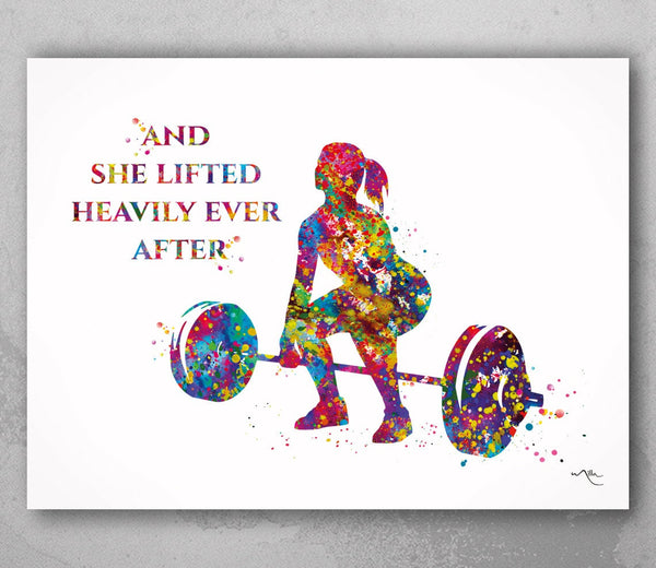 Woman Weight Lifter Quote Watercolor Print Female Weightlifter Gift Art Wall Decor Gym Fitness and she lifted motivational Wall Art-2038