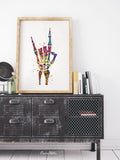 Rock And Roll Skeleton Hand Watercolor Print Music Wall Art Poster Geek Party Rock Hand Sign Rocknroll Wall Art Home Decor Wall Hanging-1243