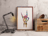 Rock And Roll Skeleton Hand Watercolor Print Music Wall Art Poster Geek Party Rock Hand Sign Rocknroll Wall Art Home Decor Wall Hanging-1243