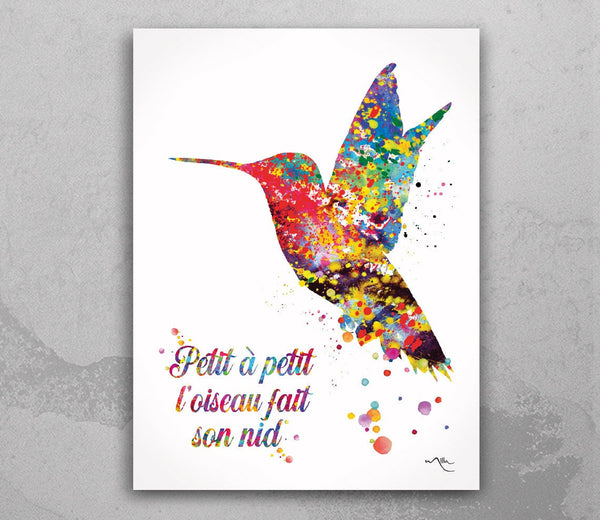 Hummingbird Quote Watercolor Print Petit a petit l'oiseau fait son nid French proverb saying bird nest Housewarming Gift Typo Wall Art-2013