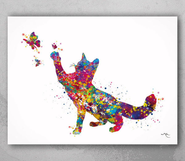 Cat and Butterfly Watercolor Print Cat Lover Wall Art Home Decor Kitty Cat Kitten Housewarming Gift Cute Cat Poster Cat Wall Hanging-2056