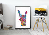 Rock And Roll Hand Sign Watercolor Print Music Wall Art Poster House Party Rock Hand Sign Rocknroll Rock N Roll Wall Art Wall Hanging-2057
