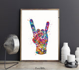 Rock And Roll Hand Sign Watercolor Print Music Wall Art Poster House Party Rock Hand Sign Rocknroll Rock N Roll Wall Art Wall Hanging-2057