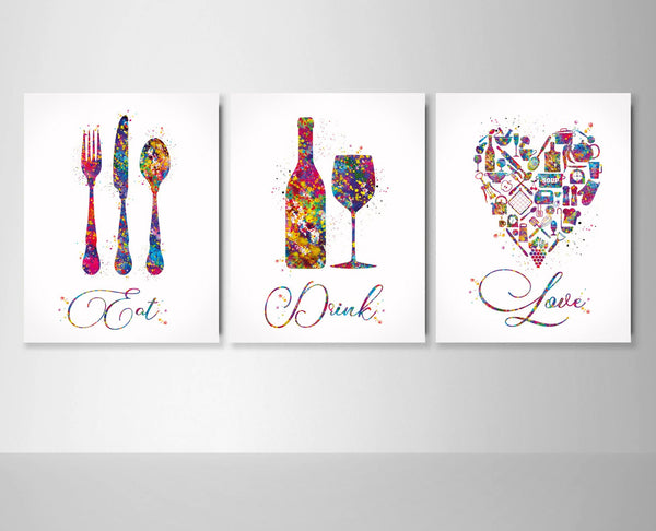 Kitchen Art Watercolor Print Eat Drink Love Set of 3 Kitchen Wall Art Housewarming Gift Food and Drink Dining Room Wall Decor Dine Room-1932