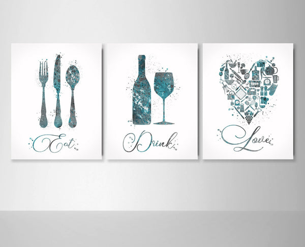 Kitchen Art Watercolor Print Eat Drink Love Set of 3 Kitchen Wall Art Housewarming Gift Food and Drink Dining Room Wall Decor Dine Room-2094