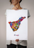 Tenerife Map Watercolor Print Canary Islands Spain Wall Art Wedding Gift Honeymoon Gift Wall Hanging Travel Poster Home Wall Decor-1644