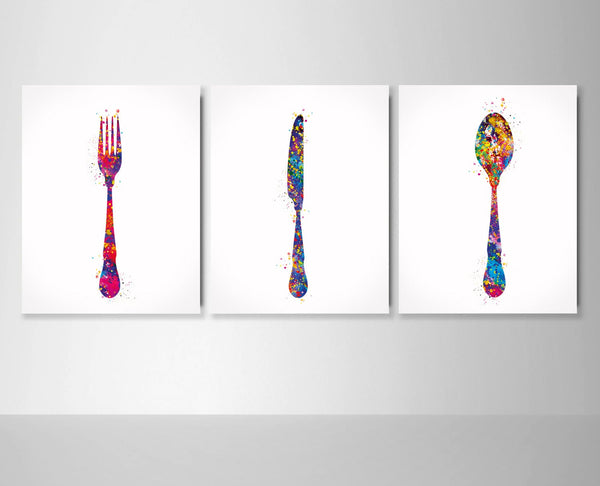 Kitchen Art Watercolor Print Fork Spoon Knife Set of 3 Kitchen Wall Art Housewarming Gift Dining Room Wall Decor Restaurant Decor-2096