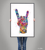 Rock And Roll Hand Sign Watercolor Print Music Wall Art Poster House Party Rock Hand Sign Rocknroll Rock N Roll Wall Art Wall Hanging-2057