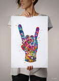 Rock And Roll Hand Sign Watercolor Print Music Wall Art Poster House Party Rock Hand Sign Rocknroll Rock N Roll Wall Art Wall Hanging-2057