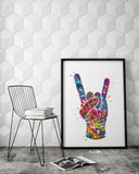 Rock And Roll Hand Sign Watercolor Print Music Wall Art Poster House Party Rock Hand Sign Rocknroll Rock N Roll Wall Art Wall Hanging-2057